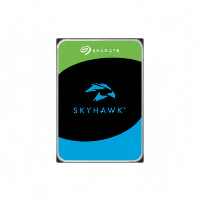 Seagate SkyHawk 2TB surveillance HDD top view on black background.

