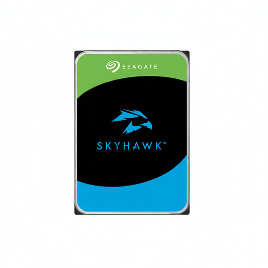 Seagate SkyHawk 2TB surveillance HDD top view on black background.

