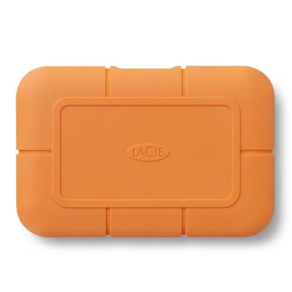"LaCie Rugged USB-C SSD 1TB with orange bumper and compact design"