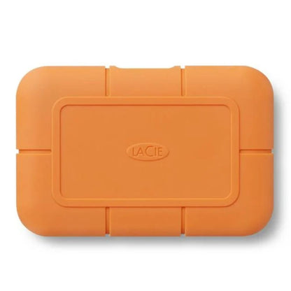 "LaCie Rugged USB-C SSD 1TB with orange bumper and compact design"