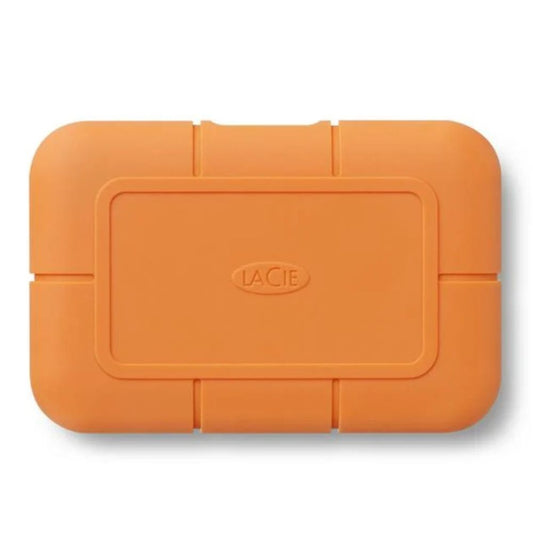 "LaCie Rugged USB-C SSD 1TB with orange bumper and compact design"