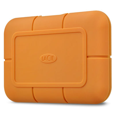 "Portable 1TB LaCie SSD with USB 3.2 Gen 2 interface and protective rubber casing"