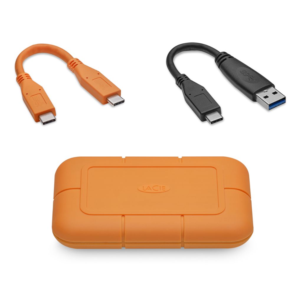 "Side view of LaCie Rugged 1TB SSD with USB-C and USB-A cables"