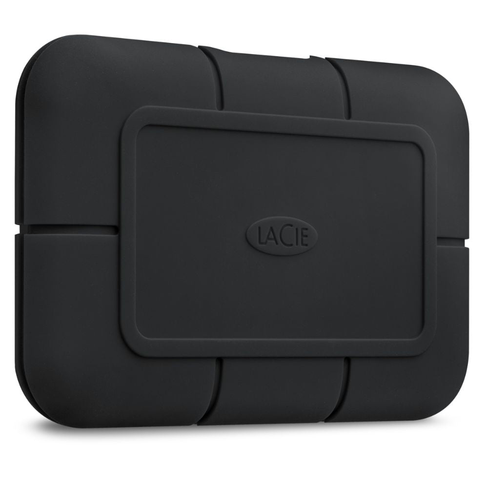 "LaCie Rugged Pro 1TB Thunderbolt 3 external SSD with orange protective casing, ideal for portable high-speed data storage"