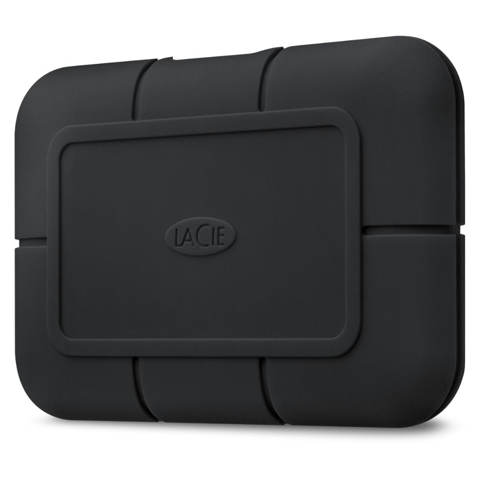 "LaCie Rugged Pro 1TB Thunderbolt 3 external SSD with orange protective casing, ideal for portable high-speed data storage"