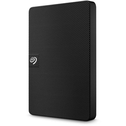 Black external hard drive with Seagate logo on a white background