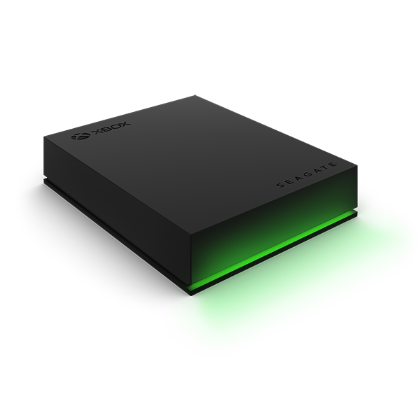 Seagate Xbox Game Drive 2TB (STKX2000400) — sleek black external hard drive with green LED lighting.