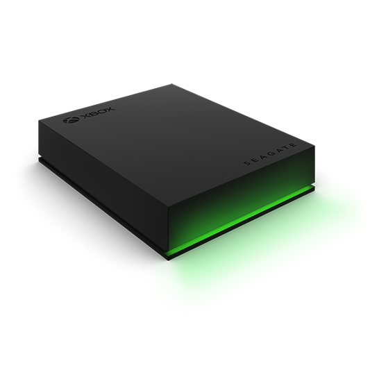 Seagate Xbox Game Drive 2TB (STKX2000400) — sleek black external hard drive with green LED lighting.