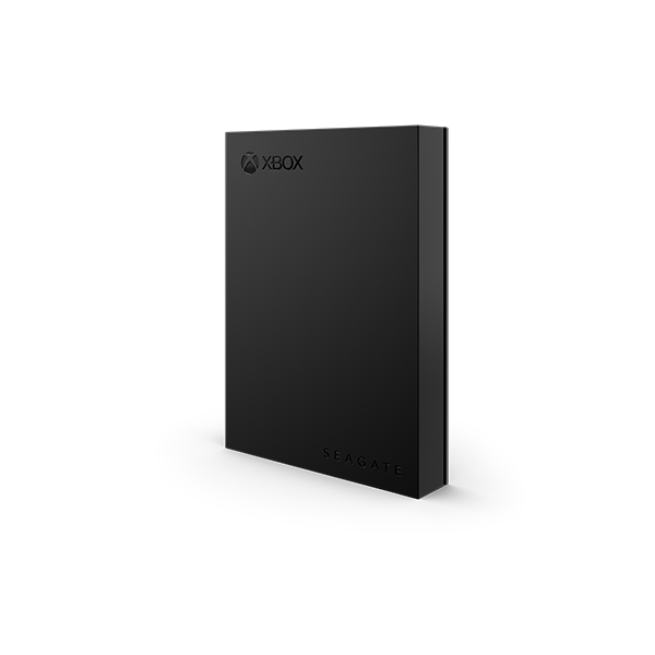 Angled view of the Seagate Xbox Game Drive 2TB (STKX2000400) — minimalist matte black external hard drive with subtle Xbox and Seagate branding, designed for Xbox Series X|S and Xbox One consoles to expand game storage with plug-and-play convenience.