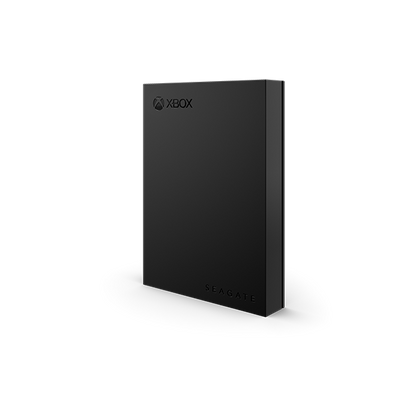 Angled view of the Seagate Xbox Game Drive 2TB (STKX2000400) — minimalist matte black external hard drive with subtle Xbox and Seagate branding, designed for Xbox Series X|S and Xbox One consoles to expand game storage with plug-and-play convenience.