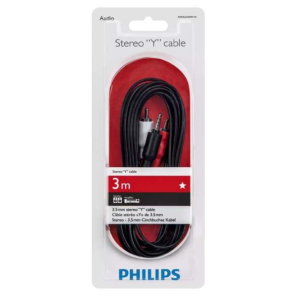 Philips SWA2520W/10 3m stereo Y RCA cable with red and white connectors in retail packaging.