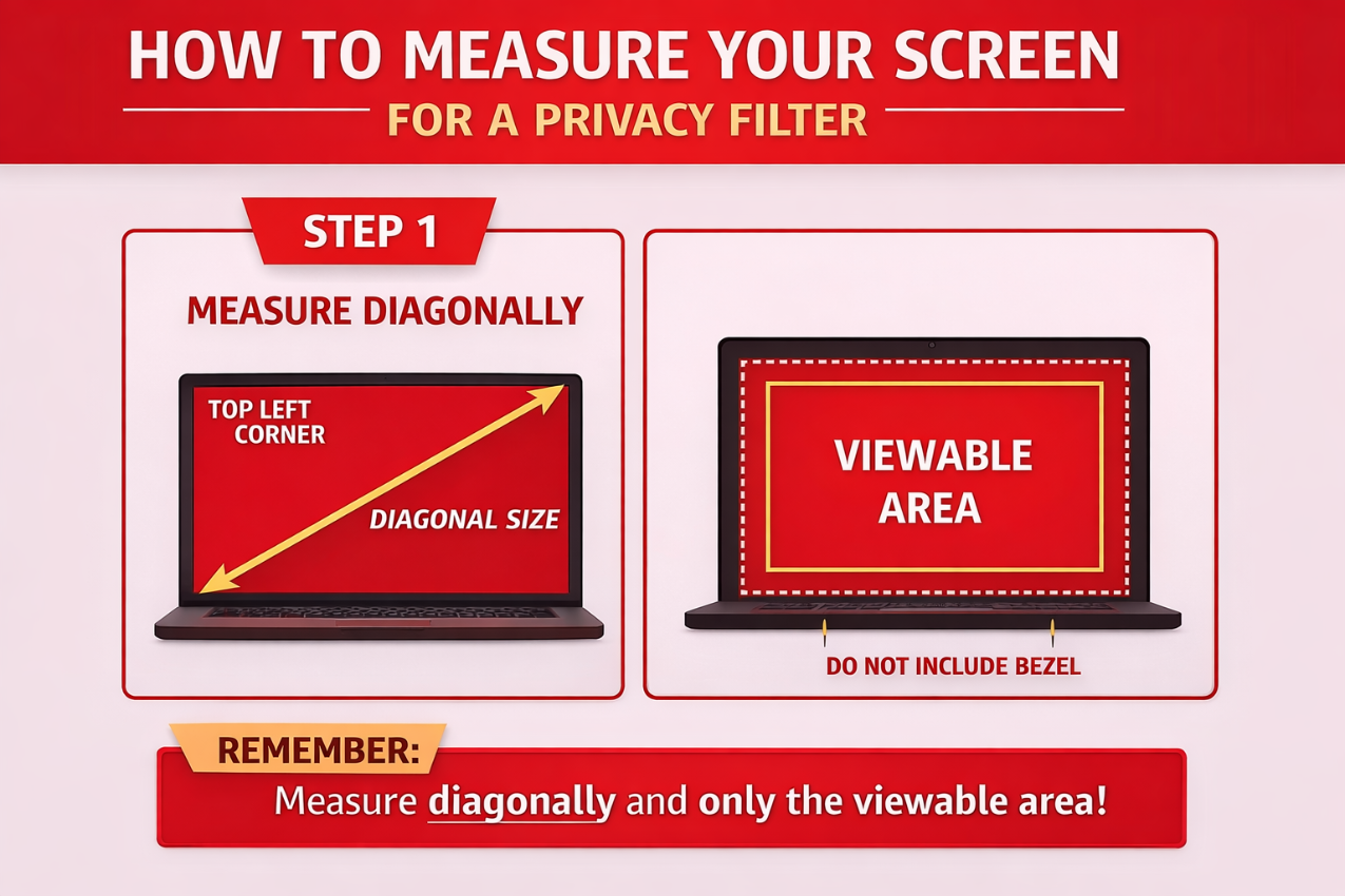 Instructions on how to measure screen diagonal size for a privacy filter with visual aids.