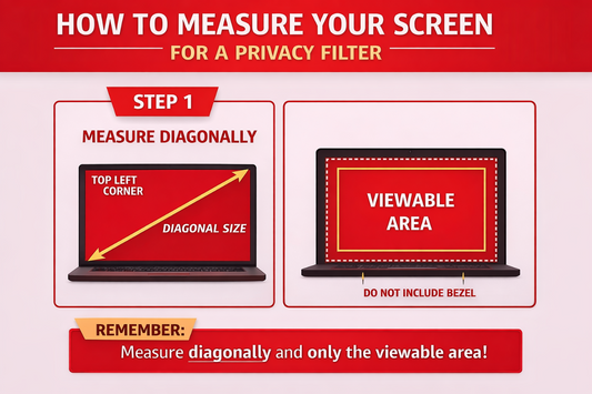 Instructions on how to measure screen diagonal size for a privacy filter with visual aids.