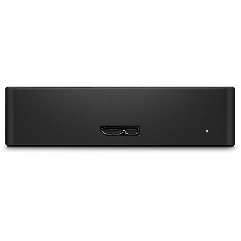 Black external hard drive on a white background