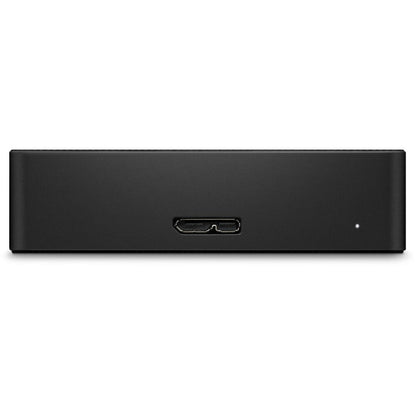 Black external hard drive on a white background