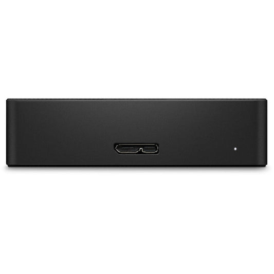 Black external hard drive on a white background