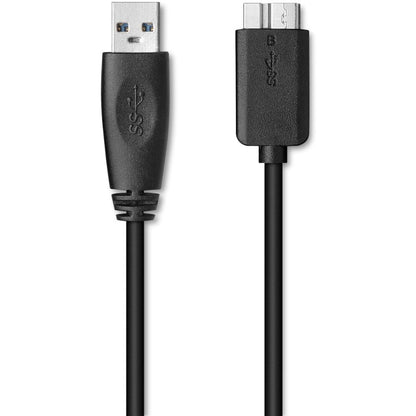 Black USB cable with one end being USB Type-A and the other end being micro-USB on a white background.