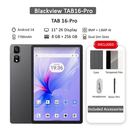 Blackview Tab 16 Pro 11-inch LTE tablet bundle with 8GB+256GB, Android 14; includes case, tempered film, headphones, stylus.