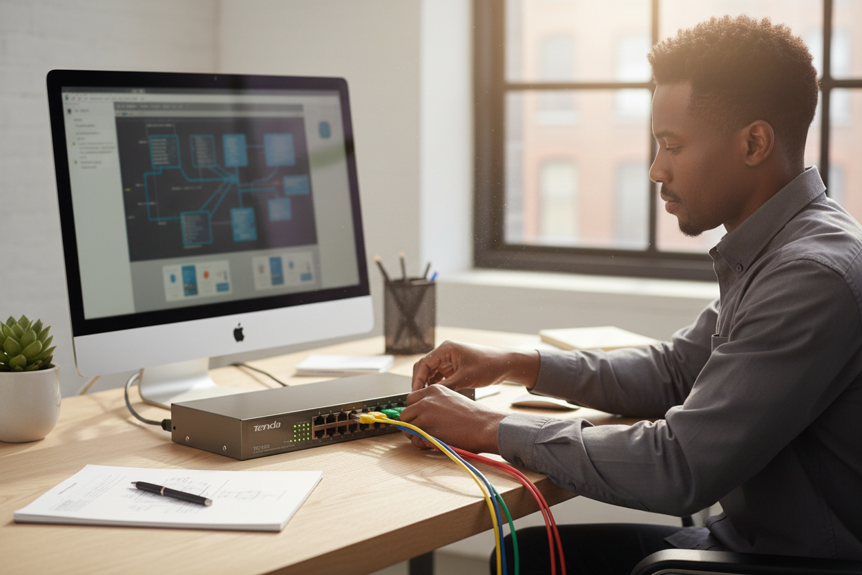 The switch connected to multiple desktop computers and a printer.

