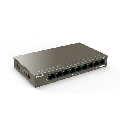 Close-up showing the 8 PoE ports and single uplink port.

