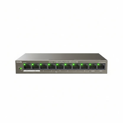 Front view of the compact Tenda TEF1110P-8-63W desktop switch.

