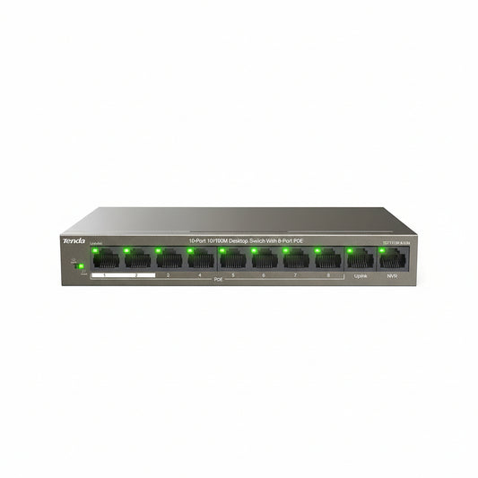 Front view of the compact Tenda TEF1110P-8-63W desktop switch.


