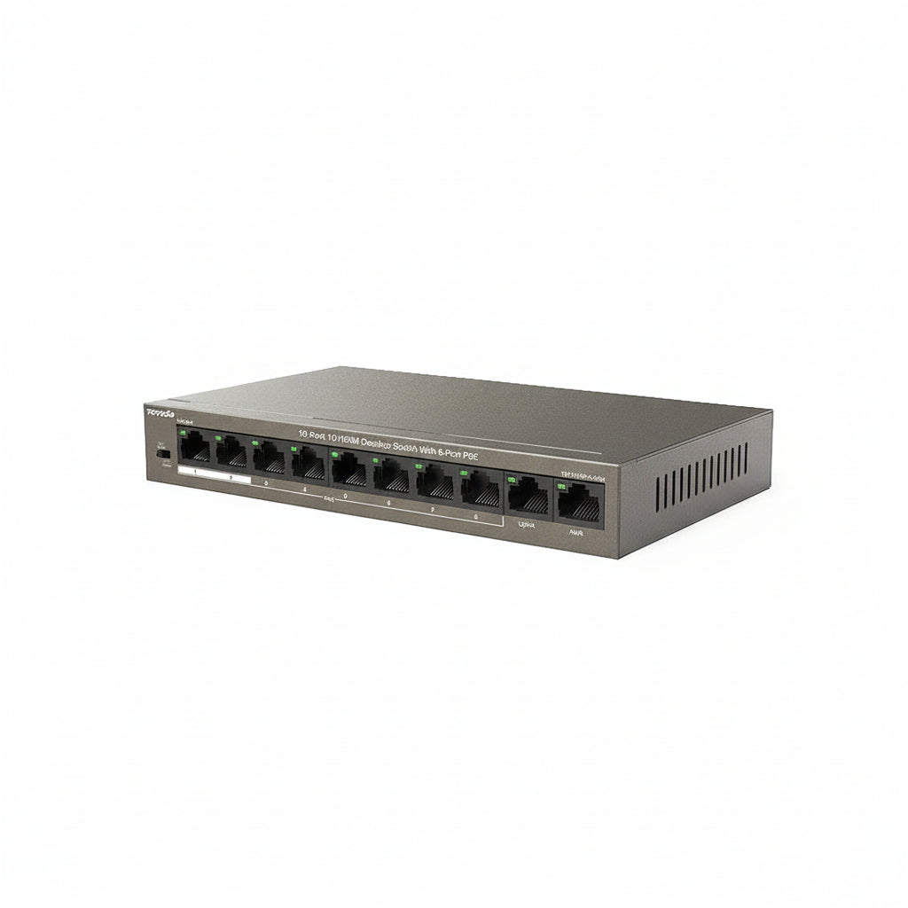 Close-up of the 8 PoE ports and 2 separate uplink ports.

