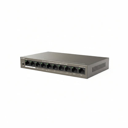 Close-up of the 8 PoE ports and 2 separate uplink ports.

