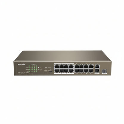 Front view of the Tenda TEF1118P-16-150W switch showing 16 PoE ports and uplinks.

