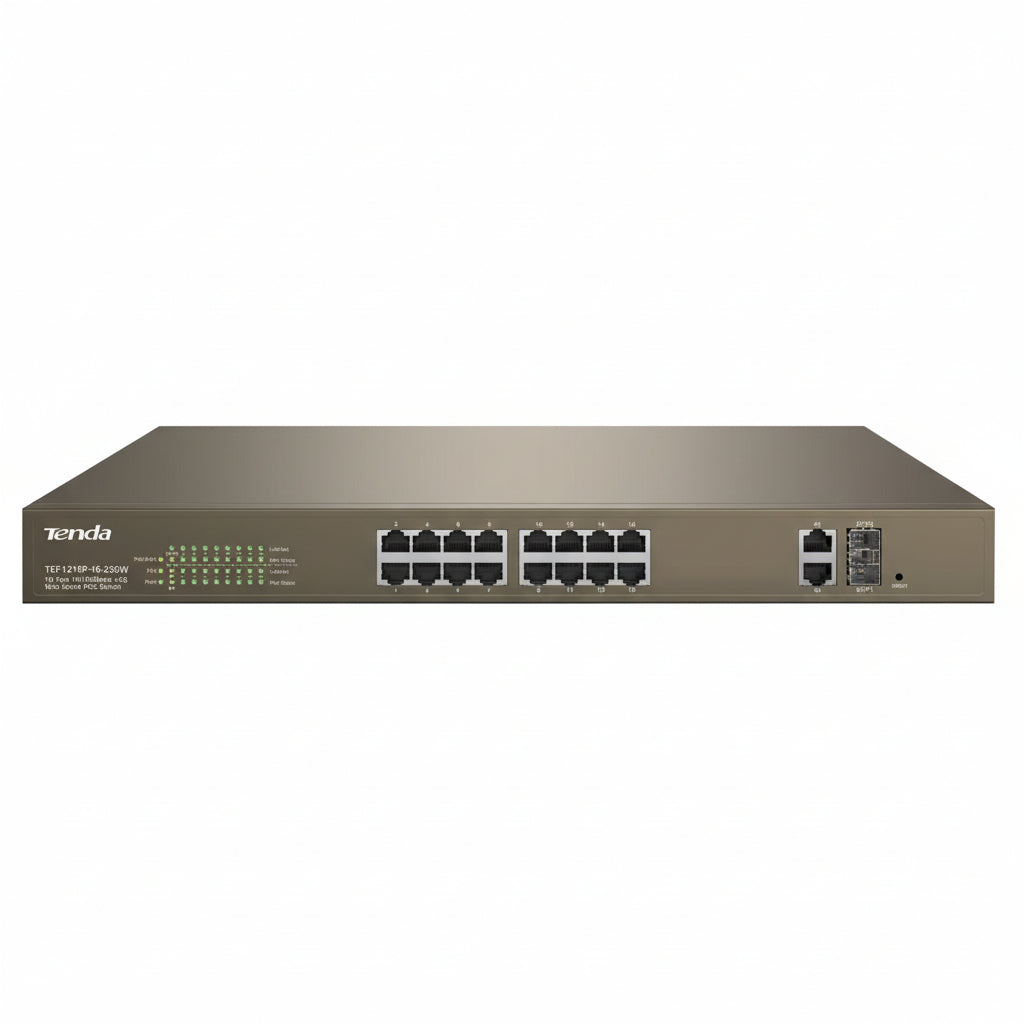 Front view of the Tenda TEF1218P-16-250W PoE switch with 16 ports.

