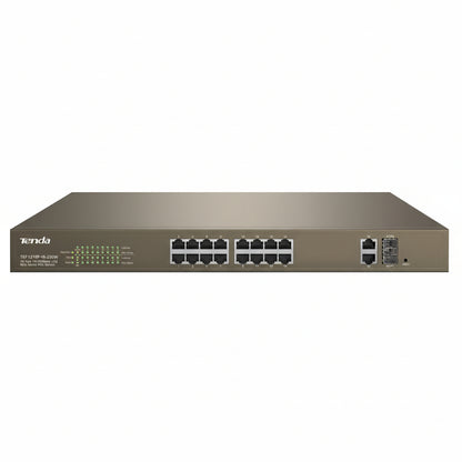 Front view of the Tenda TEF1218P-16-250W PoE switch with 16 ports.

