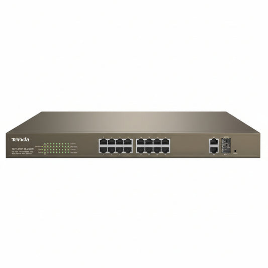 Front view of the Tenda TEF1218P-16-250W PoE switch with 16 ports.

