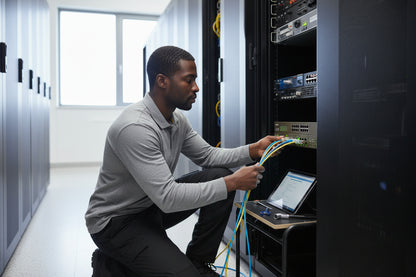 The switch's rear panel showing the power input and grounding point.

