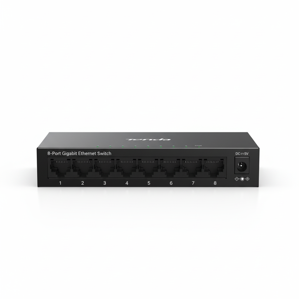Front view of the Tenda TEG1008M 8-port Gigabit metal Ethernet switch.

