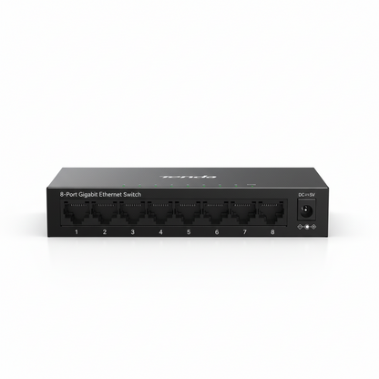 Front view of the Tenda TEG1008M 8-port Gigabit metal Ethernet switch.


