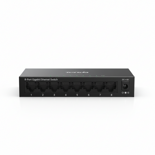 Front view of the Tenda TEG1008M 8-port Gigabit metal Ethernet switch.

