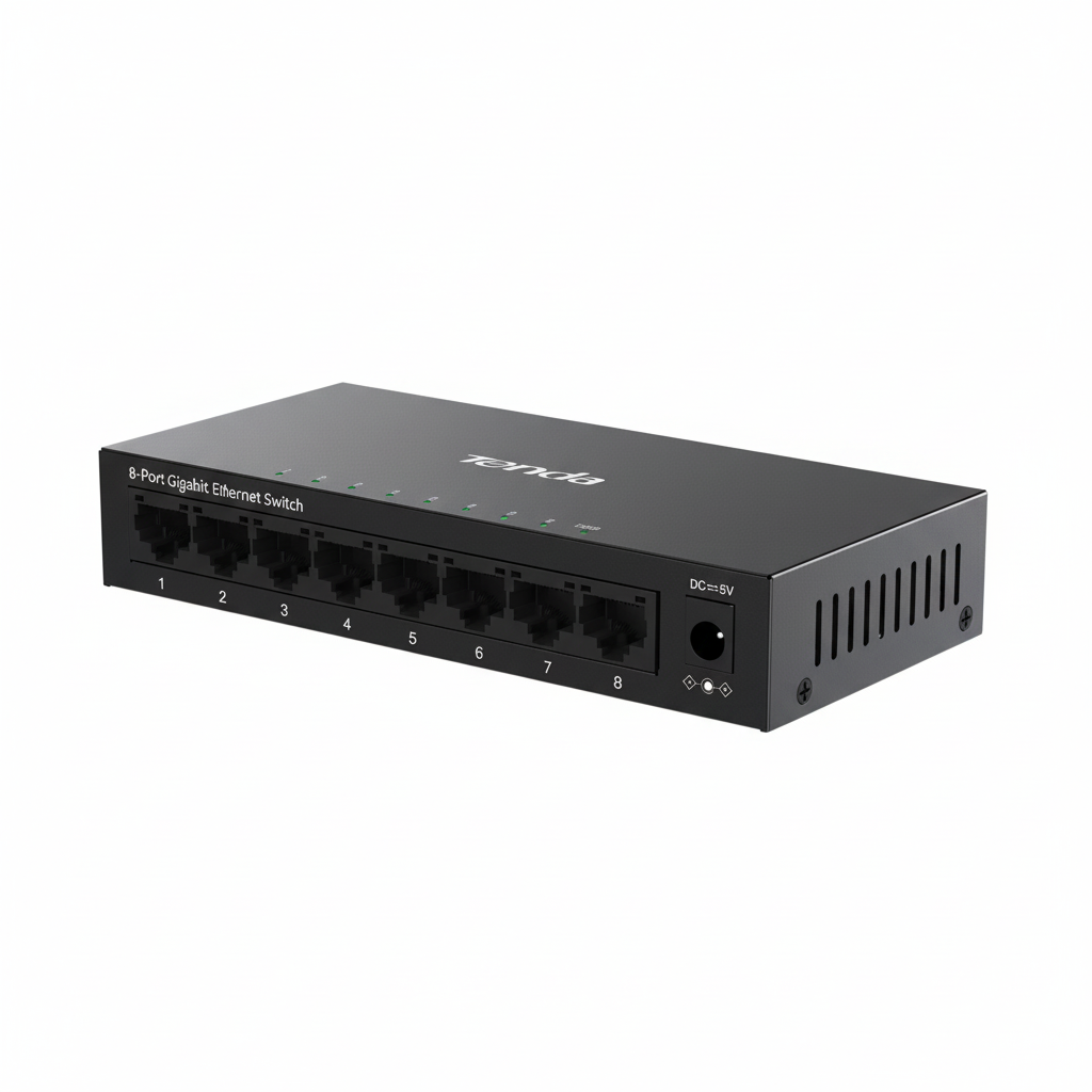 Close-up detail of the 8x Gigabit RJ-45 ports with LED indicators.

