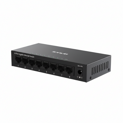 Close-up detail of the 8x Gigabit RJ-45 ports with LED indicators.

