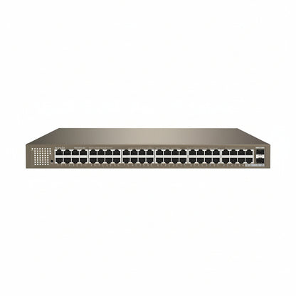 Front view of the Tenda TEG1050F 48-port Gigabit switch in a 1U rack.

