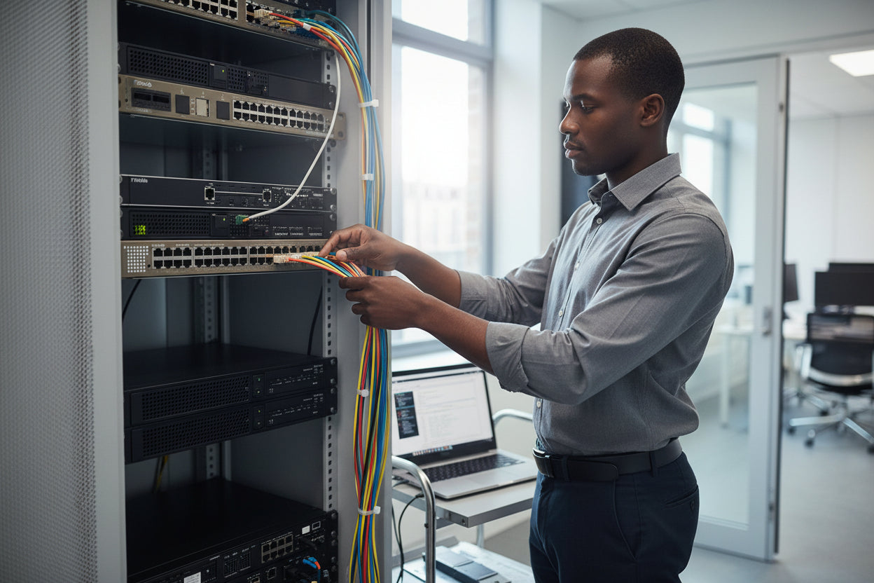 The switch's status LEDs indicating activity on all 48 ports.

