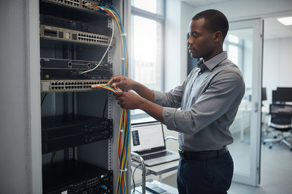 The switch's status LEDs indicating activity on all 48 ports.

