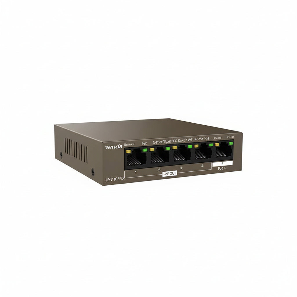 Front view of the compact, steel Tenda TEG1105PD desktop switch.


