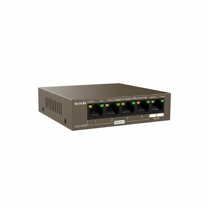 Front view of the compact, steel Tenda TEG1105PD desktop switch.

