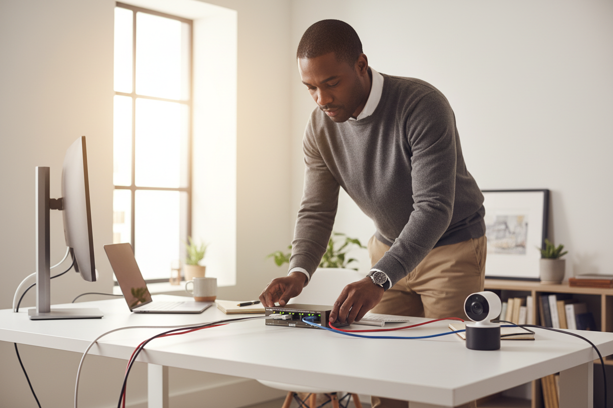 The TEG1105PD connected to two IP cameras and a wireless access point.

