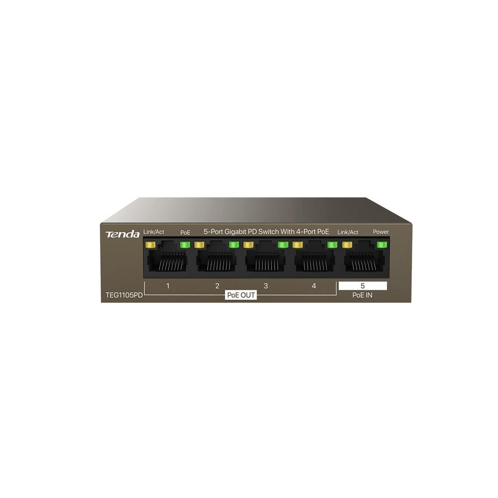The switch powered via an Ethernet cable from an upstream PoE injector or switch.

