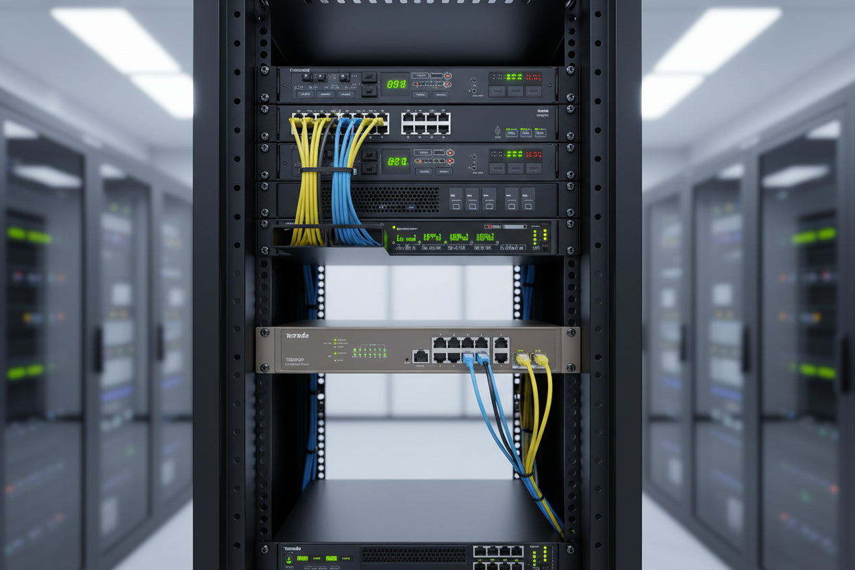 The switch installed in a 1U network rack.

