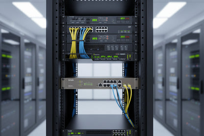 The switch installed in a 1U network rack.

