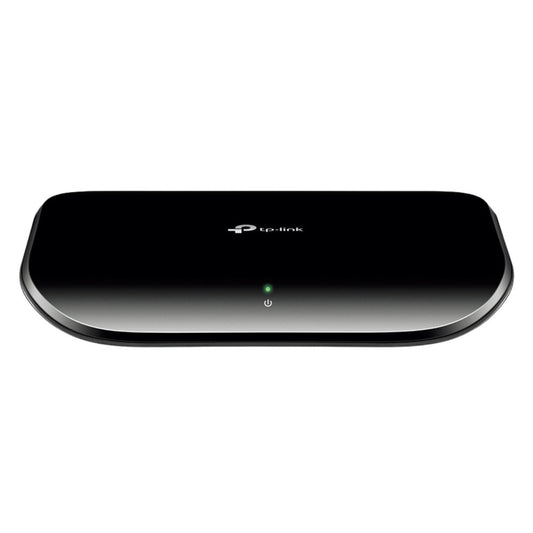 Front view of the TP-Link TL-SG1005D 5-Port Gigabit Desktop Switch with sleek black design and single power indicator light