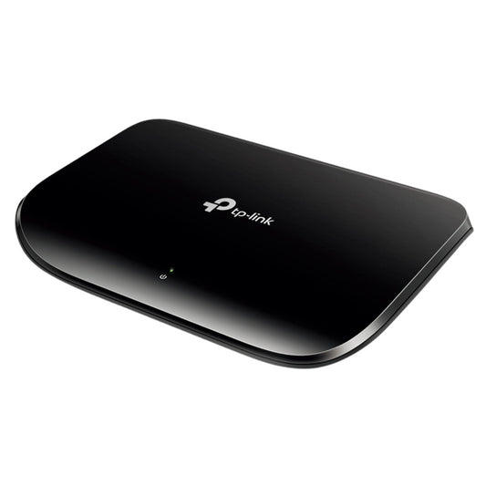 Angled view of the TP-Link TL-SG1005D 5-Port Gigabit Desktop Switch showing glossy black finish and compact, fanless design.