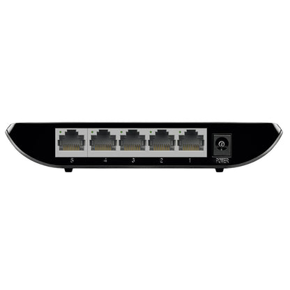 Rear view of the TP-Link TL-SG1005D 5-Port Gigabit Desktop Switch showing five RJ45 Ethernet ports and power input.